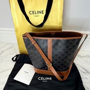 CELINE MEDIUM BUCKET IN TRIOMPHE CANVAS AND CALFSKIN